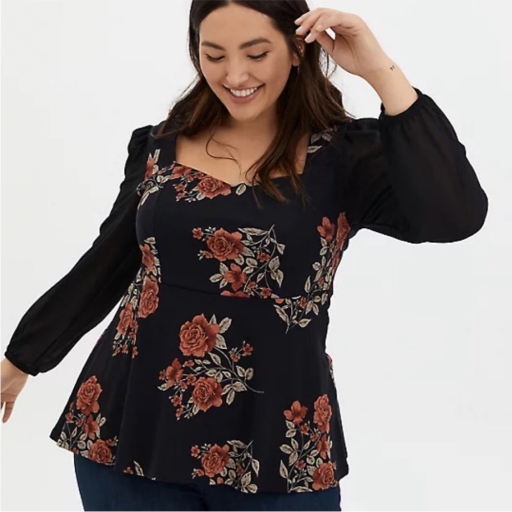 Torrid Black Floral Peplum Top. Size 1